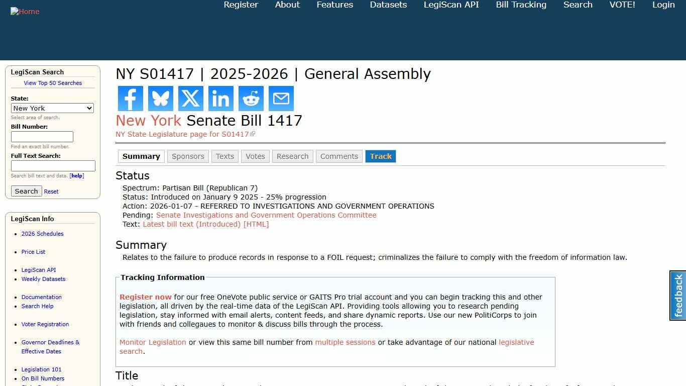 NY S01417 | 2025-2026 | General Assembly | LegiScan